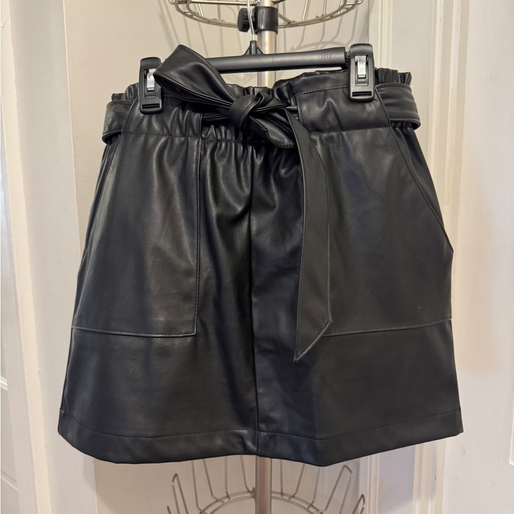 Black Leather Belted Mini Skirt
